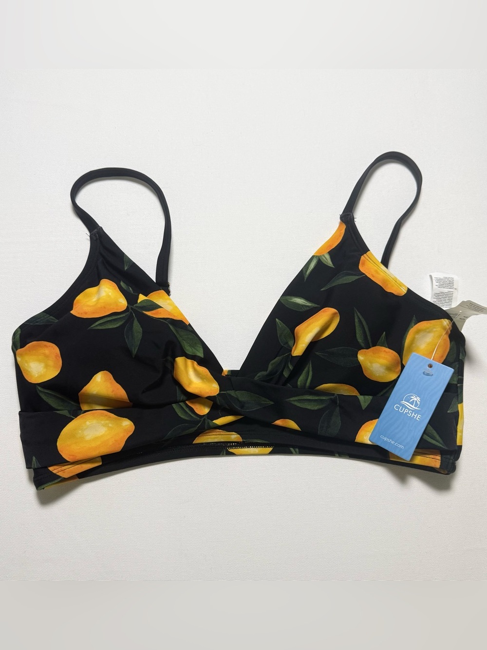 Cupshe NWT Lemon Print Twist Front Bikini Swim Top L Tropical Black